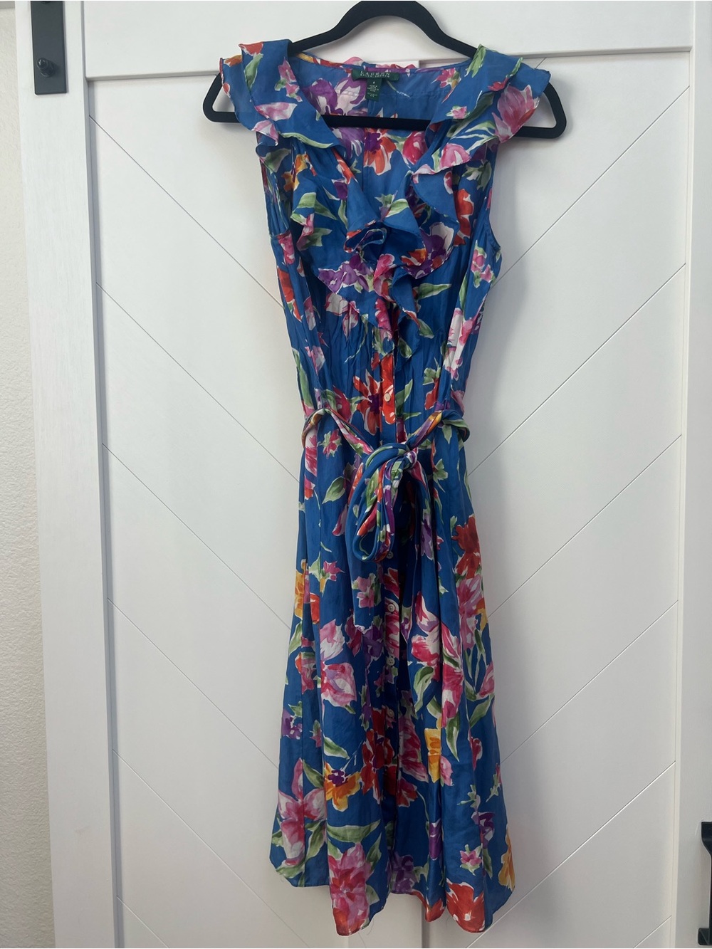 Polo by Ralph Lauren Blue Floral Ruffle Tie-Waist Midi Dress